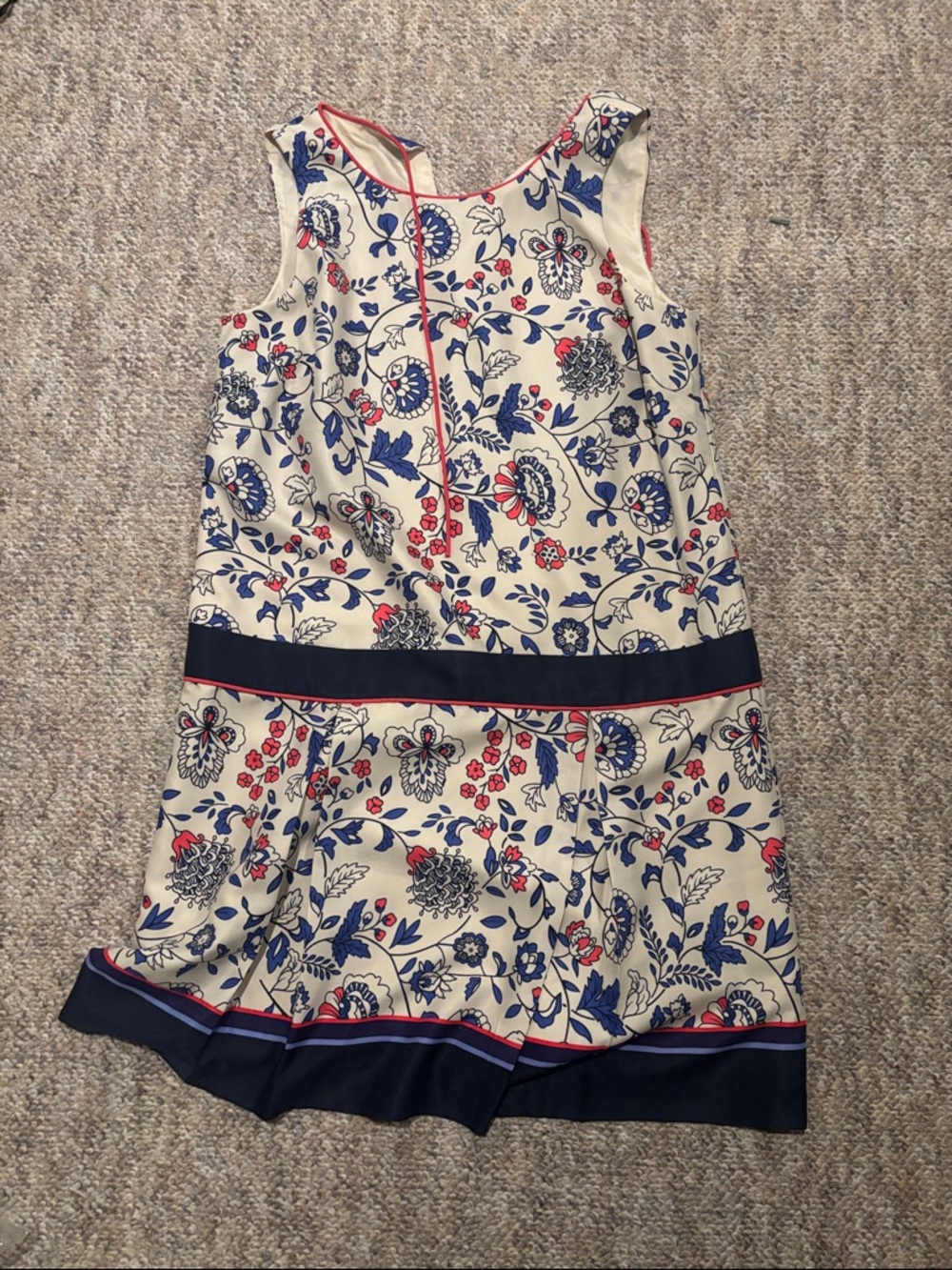 LOFT Cream Floral Sleeveless Dress with Navy & Red Trim